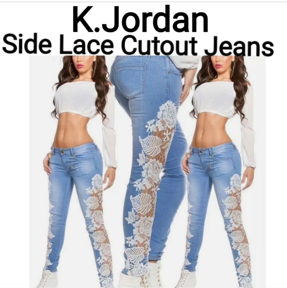 K. Jordan Side White Lace Cutout Jeans, Size 8